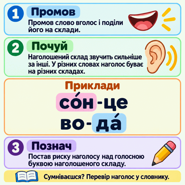 Картка пояснює: промов слово по складах, почуй склад, який звучить сильніше, і постав риску над його голосною буквою. Два навчальні приклади: со́н-це — наголос на першому складі над о; во-да́ — на другому складі над а. Якщо сумніваєшся, перевір наголос у словнику. Промов: Промов слово вголос і поділи його на склади. Почуй: Наголошений склад звучить сильніше за інші. У різних словах наголос буває на різних складах. Познач: Постав риску наголосу над голосною буквою наголошеного складу. Сумніваєшся? Перевір наголос у словнику. Приклади со́н-це во-да́ 1 2 3