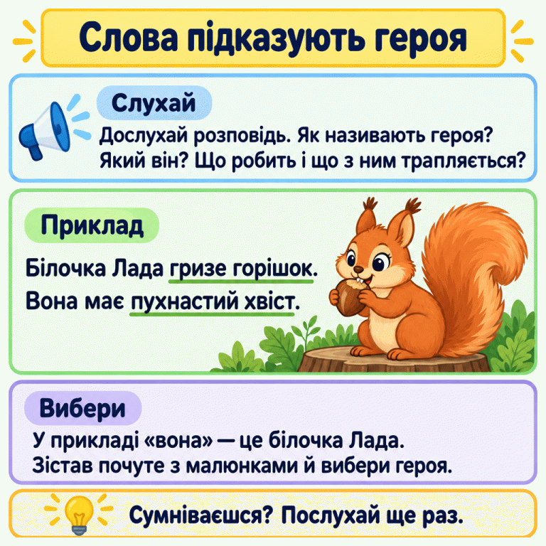 Картка пояснює, як упізнати героя почутої розповіді: дослухати текст, помітити, як називають персонажа, який він і що з ним відбувається, а потім зіставити почуте з малюнками. У навчальному прикладі білочка Лада гризе горішок і має пухнастий хвіст. Слово «вона» стосується цієї білочки. Якщо сумніваєшся, послухай розповідь ще раз. Слова підказують героя Слухай: Дослухай розповідь. Як називають героя? Який він? Що робить і що з ним трапляється? Приклад: Білочка Лада гризе горішок. Вона має пухнастий хвіст. Вибери: У прикладі «вона» — це білочка Лада. Зістав почуте з малюнками й вибери героя. Сумніваєшся? Послухай ще раз.