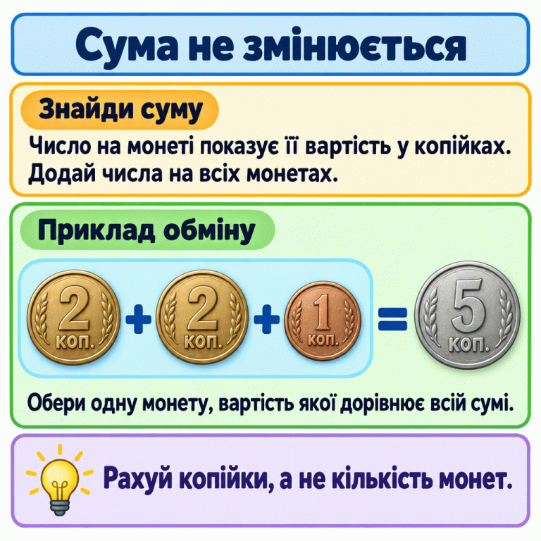 Навчальний приклад обміну: дві монети по 2 копійки та одна монета в 1 копійку разом дорівнюють одній монеті в 5 копійок. Додай вартість усіх монет і знайди одну монету з такою самою вартістю. Кількість монет змінюється, а сума залишається тією самою. Сума не змінюється Знайди суму: Число на монеті показує її вартість у копійках. Додай числа на всіх монетах. Приклад обміну: Обери одну монету, вартість якої дорівнює всій сумі. Рахуй копійки, а не кількість монет. 2 1 5 коп. + =