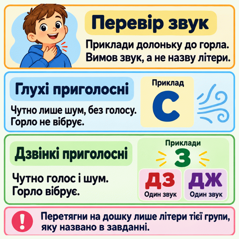 Дитина прикладає долоньку до горла: потрібно вимовляти звук, а не назву літери. Глухі приголосні мають лише шум без голосу, горло не вібрує; приклад — с. Дзвінкі мають голос і шум, горло вібрує; приклад — з. Сполуки дз і дж у цій вправі позначають по одному дзвінкому звуку. На дошку потрібно перетягувати лише літери групи, названої в поточному завданні. Перевір звук: Приклади долоньку до горла. Вимов звук, а не назву літери. Глухі приголосні: Чутно лише шум, без голосу. Горло не вібрує. Дзвінкі приголосні: Чутно голос і шум. Горло вібрує. Перетягни на дошку лише літери тієї групи, яку названо в завданні. Приклад с Приклади з дз дж Один звук !