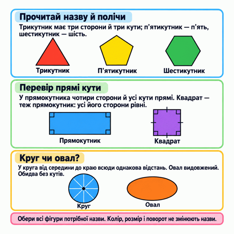 Картка пояснює ознаки семи фігур. Трикутник має три сторони й три кути, п’ятикутник — п’ять, шестикутник — шість. Прямокутник має чотири сторони й усі кути прямі. Квадрат — теж прямокутник, але всі його сторони рівні. У круга від середини до краю всюди однакова відстань; овал видовжений. Обидва без кутів. Прочитай назву й обери всі відповідні фігури, незалежно від кольору, розміру чи повороту. Прочитай назву й полічи: Трикутник має три сторони й три кути; п’ятикутник — п’ять, шестикутник — шість. Перевір прямі кути: У прямокутника чотири сторони й усі кути прямі. Квадрат — теж прямокутник: усі його сторони рівні. Круг чи овал?: У круга від середини до краю всюди однакова відстань. Овал видовжений. Обидва без кутів. Обери всі фігури потрібної назви. Колір, розмір і поворот не змінюють назви. Трикутник П’ятикутник Шестикутник Прямокутник Квадрат Круг Овал