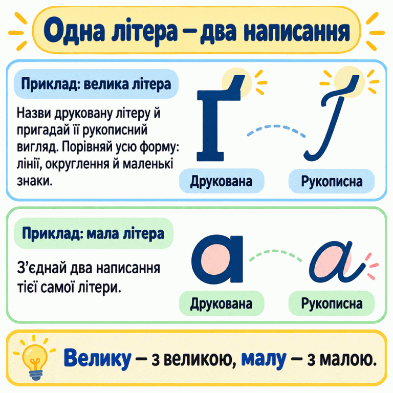Два навчальні приклади: друкована велика Ґ поруч із рукописною великою Ґ та друкована мала а поруч із рукописною малою а. Виділено верхній піднятий штрих у Ґ, округлу частину й правий штрих у а. Пояснення радить назвати літеру, пригадати її рукописний вигляд, порівняти всю форму та поєднати ту саму літеру: велику з великою, малу з малою. Одна літера — два написання Приклад: велика літера: Назви друковану літеру й пригадай її рукописний вигляд. Порівняй усю форму: лінії, округлення й маленькі знаки. Приклад: мала літера: З’єднай два написання тієї самої літери. Велику — з великою, малу — з малою. Ґ а Друкована Рукописна