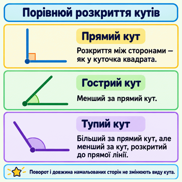Зверху вниз показано три кути. Прямий має розкриття як у куточка квадрата. Гострий менший за прямий. Тупий більший за прямий, але менший за кут, розкритий до прямої лінії. Виділення між сторонами допомагає порівнювати розкриття. Поворот і довжина намальованих сторін не змінюють виду кута. Порівнюй розкриття кутів Прямий кут: Розкриття між сторонами — як у куточка квадрата. Гострий кут: Менший за прямий кут. Тупий кут: Більший за прямий кут, але менший за кут, розкритий до прямої лінії. Поворот і довжина намальованих сторін не змінюють виду кута.