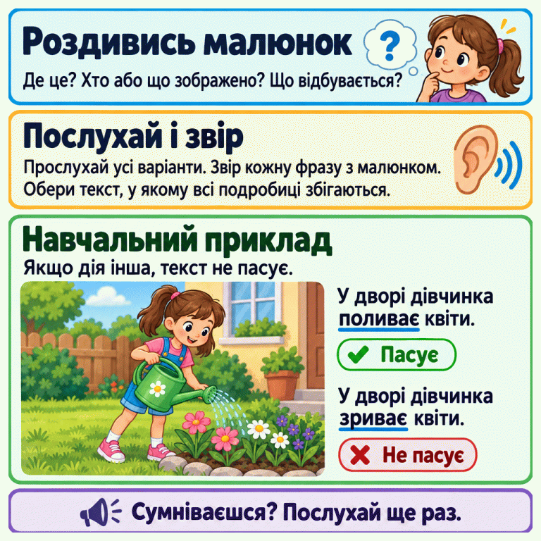 Пояснення радить визначити за малюнком, де це, хто або що зображено і що відбувається, а потім прослухати всі тексти та звірити кожну фразу. У навчальному прикладі дівчинка поливає квіти з лійки у дворі біля будинку. Речення про поливання позначено «Пасує», а речення про зривання — «Не пасує», бо дія інша. За потреби можна послухати ще раз. Роздивись малюнок: Де це? Хто або що зображено? Що відбувається? Послухай і звір: Прослухай усі варіанти. Звір кожну фразу з малюнком. Обери текст, у якому всі подробиці збігаються. Навчальний приклад: Якщо дія інша, текст не пасує. Сумніваєшся? Послухай ще раз. У дворі дівчинка поливає квіти. Пасує У дворі дівчинка зриває квіти. Не пасує ? ✓ ✕