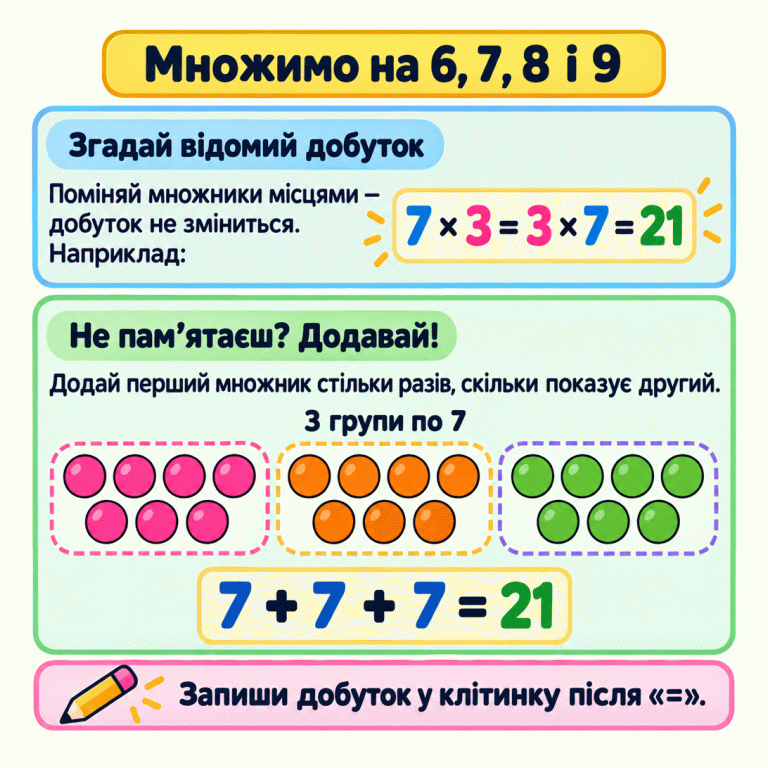 Картка про множення на 6, 7, 8 і 9. Навчальний приклад: 7 × 3 = 3 × 7 = 21. Переставляння множників не змінює добуток. Три групи по сім кружечків показують додавання 7 + 7 + 7 = 21. Обчислений добуток потрібно записати у клітинку після знака рівності. Множимо на 6, 7, 8 і 9 Згадай відомий добуток: Поміняй множники місцями — добуток не зміниться. Наприклад: Не пам’ятаєш? Додавай!: Додай перший множник стільки разів, скільки показує другий. Запиши добуток у клітинку після «=». 7 × 3 = 3 × 7 = 21 3 групи по 7 7 + 7 + 7 = 21