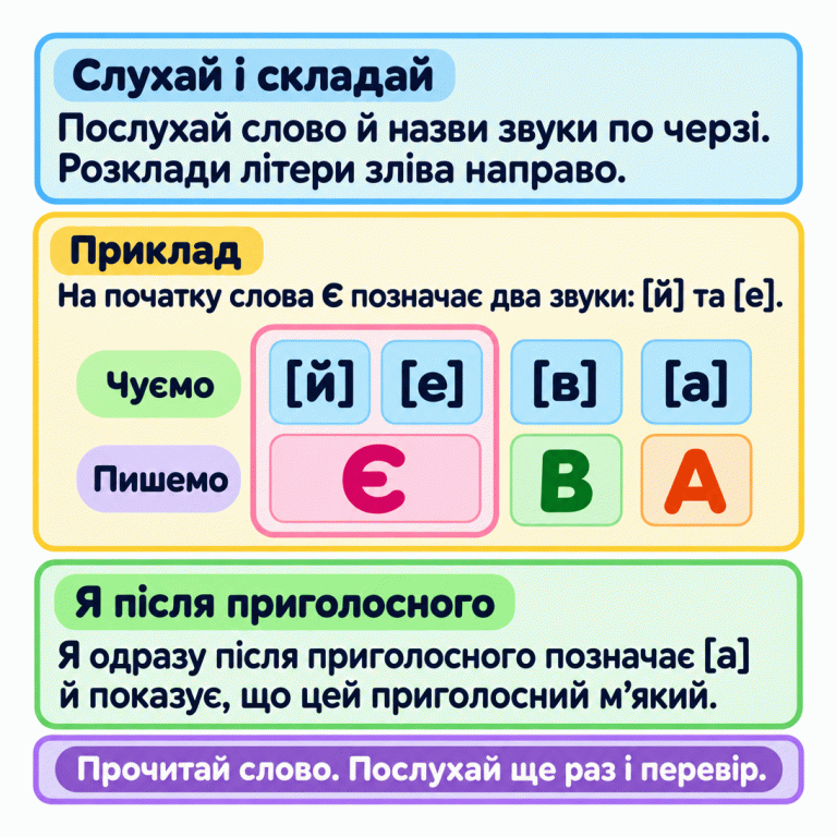 Пам’ятка радить називати почуті звуки по черзі й розкладати літери зліва направо. У позначеному прикладі ЄВА над Є разом стоять [й] і [е], над В — [в], над А — [а]. Звуковий ряд підписаний «Чуємо», буквений — «Пишемо». Нижче пояснено: Я одразу після приголосного позначає [а] й показує м’якість цього приголосного. Наприкінці — порада прочитати слово та перевірити повторним слуханням. Слухай і складай: Послухай слово й назви звуки по черзі. Розклади літери зліва направо. Приклад: На початку слова Є позначає два звуки: [й] та [е]. Я після приголосного: Я одразу після приголосного позначає [а] й показує, що цей приголосний м’який. Прочитай слово. Послухай ще раз і перевір. Чуємо [й] [е] [в] [а] Пишемо Є В А