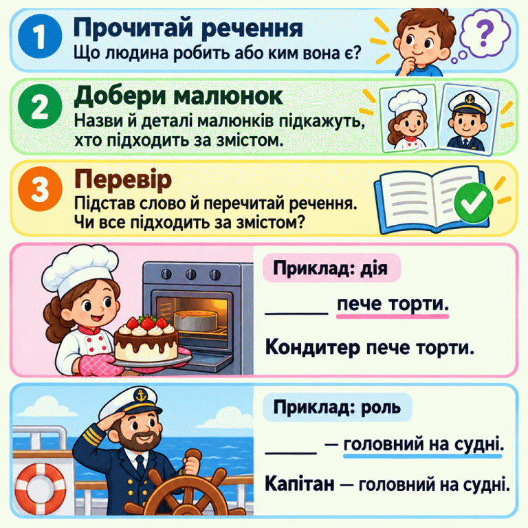 Картка вчить прочитати речення, визначити дію або роль людини, зіставити назви й деталі малюнків та перевірити речення після підстановки слова. Два навчальні приклади показують кондитера біля торта й капітана на судні. Пропуски в реченнях про випікання тортів і головного на судні замінено відповідними назвами людей. Прочитай речення: Що людина робить або ким вона є? Добери малюнок: Назви й деталі малюнків підкажуть, хто підходить за змістом. Перевір: Підстав слово й перечитай речення. Чи все підходить за змістом? Приклад: дія _____ пече торти. Кондитер пече торти. Приклад: роль _____ — головний на судні. Капітан — головний на судні. 1 ? 2 3 ✓