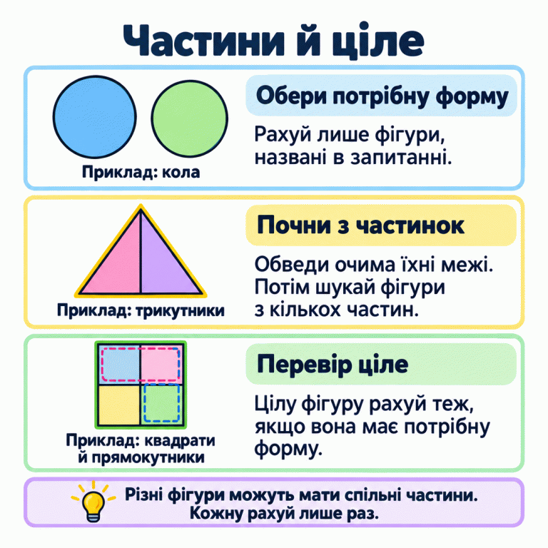Навчальна картка про підрахунок фігур потрібного виду. Показано два кола, трикутник із двома трикутними частинами та квадрат із чотирма квадратними частинами. У сітці можна знайти прямокутники з пар сусідніх частин, зокрема зі спільною частиною. Пояснення радить простежувати межі окремих і складених фігур, перевіряти ціле та рахувати кожну фігуру лише один раз. Частини й ціле Обери потрібну форму: Рахуй лише фігури, названі в запитанні. Почни з частинок: Обведи очима їхні межі. Потім шукай фігури з кількох частин. Перевір ціле: Цілу фігуру рахуй теж, якщо вона має потрібну форму. Різні фігури можуть мати спільні частини. Кожну рахуй лише раз. Приклад: кола Приклад: трикутники Приклад: квадрати й прямокутники