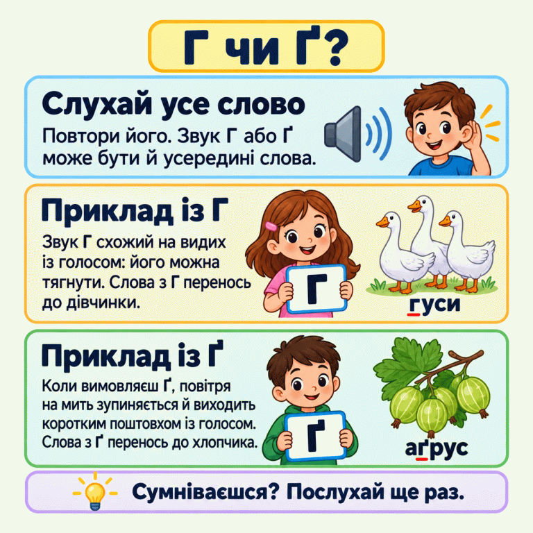 Картка пояснює, як слухати все слово й розрізняти Г та Ґ. Г можна тягнути як видих із голосом. Для Ґ повітря на мить зупиняється й виходить коротким поштовхом із голосом. Дівчинка тримає позначку Г; поруч гуси й слово «гуси» з підкресленою г. Хлопчик тримає позначку Ґ; поруч ягоди аґрусу й слово «аґрус» із підкресленою ґ усередині. Унизу нагадування послухати ще раз, якщо є сумнів. Г чи Ґ? Слухай усе слово: Повтори його. Звук Г або Ґ може бути й усередині слова. Приклад із Г: Звук Г схожий на видих із голосом: його можна тягнути. Слова з Г перенось до дівчинки. Приклад із Ґ: Коли вимовляєш Ґ, повітря на мить зупиняється й виходить коротким поштовхом із голосом. Слова з Ґ перенось до хлопчика. Сумніваєшся? Послухай ще раз. Г гуси Ґ аґрус