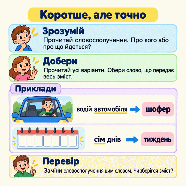 Картка пояснює три кроки: зрозумій словосполучення, добери слово з тим самим значенням і перевір заміну. У навчальних прикладах людина за кермом автомобіля пояснює пару «водій автомобіля — шофер», а сім календарних клітинок — пару «сім днів — тиждень». Коротше, але точно Зрозумій: Прочитай словосполучення. Про кого або про що йдеться? Добери: Прочитай усі варіанти. Обери слово, що передає весь зміст. Перевір: Заміни словосполучення цим словом. Чи зберігся зміст? Приклади водій автомобіля шофер сім днів тиждень