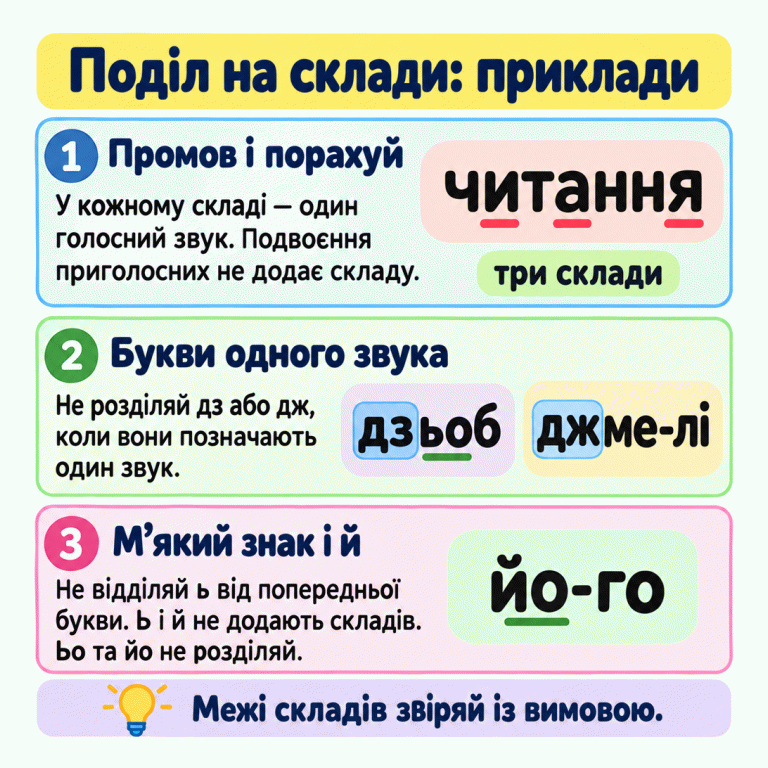Пам’ятка про поділ слів на склади. У кожному складі один голосний звук. У навчальному слові «читання» підкреслено и, а, я та зазначено три склади; подвоєння нн не додає складу. У прикладах «дзьоб» і «джме-лі» виділено дз та дж як дві букви одного звука. М’який знак залишається з попередньою буквою. Сполучення ьо в «дзьоб» і йо в «йо-го» не розділені. Межі складів треба звіряти з вимовою. Поділ на склади: приклади Промов і порахуй: У кожному складі — один голосний звук. Подвоєння приголосних не додає складу. Букви одного звука: Не розділяй дз або дж, коли вони позначають один звук. М’який знак і й: Не відділяй ь від попередньої букви. Ь і й не додають складів. Ьо та йо не розділяй. Межі складів звіряй із вимовою. читання три склади дзьоб джме-лі йо-го 1 2 3