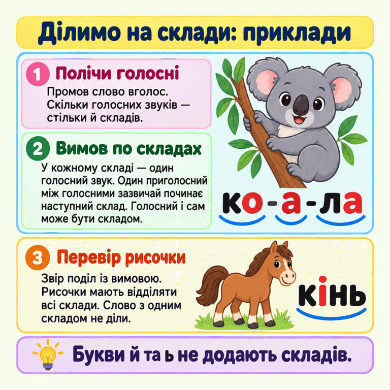 Картка з двома навчальними прикладами. Біля коали написано «ко-а-ла»: три склади — ко, а, ла, з голосними о, а, а. Окрема а утворює склад, а л починає склад ла. Біля коня написано «кінь»: один склад із голосним і, тому рисочок немає. Пояснення радить промовити слово, порахувати голосні та звірити всі межі складів із вимовою. Букви й та ь не додають складів. Ділимо на склади: приклади Полічи голосні: Промов слово вголос. Скільки голосних звуків — стільки й складів. Вимов по складах: У кожному складі — один голосний звук. Один приголосний між голосними зазвичай починає наступний склад. Голосний і сам може бути складом. Перевір рисочки: Звір поділ із вимовою. Рисочки мають відділяти всі склади. Слово з одним складом не діли. Букви й та ь не додають складів. ко-а-ла кінь 1 2 3