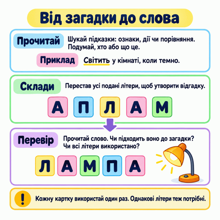 Три дії: прочитай загадку й знайди підказки, перестав усі літери, перевір відгадку. У навчальному прикладі «Світить у кімнаті, коли темно.» картки А, П, Л, А, М переставлено у слово ЛАМПА. Поруч зображена лампа. Обидві картки А збережено; жодної літери не додано й не втрачено. Від загадки до слова Прочитай: Шукай підказки: ознаки, дії чи порівняння. Подумай, хто або що це. Склади: Перестав усі подані літери, щоб утворити відгадку. Перевір: Прочитай слово. Чи підходить воно до загадки? Чи всі літери використано? Кожну картку використай один раз. Однакові літери теж потрібні. Приклад Світить у кімнаті, коли темно. А П Л М !