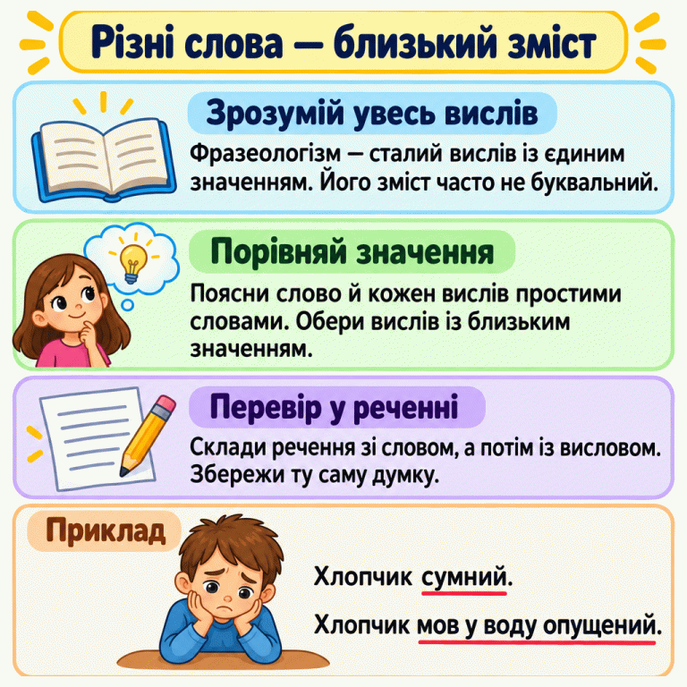 Картка вчить розуміти фразеологізм як цілий вислів, порівнювати його значення зі словом і перевіряти збереження думки в реченнях. У навчальному прикладі зображено сумного хлопчика. Речення «Хлопчик сумний.» і «Хлопчик мов у воду опущений.» описують той самий настрій. Різні слова — близький зміст Зрозумій увесь вислів: Фразеологізм — сталий вислів із єдиним значенням. Його зміст часто не буквальний. Порівняй значення: Поясни слово й кожен вислів простими словами. Обери вислів із близьким значенням. Перевір у реченні: Склади речення зі словом, а потім із висловом. Збережи ту саму думку. Приклад Хлопчик сумний. Хлопчик мов у воду опущений.