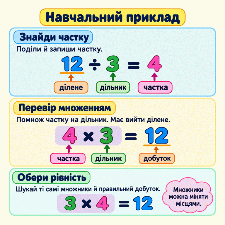Навчальний приклад перевірки ділення множенням. У рівності 12 ÷ 3 = 4 число 12 — ділене, 3 — дільник, 4 — частка. Перевірка: 4 × 3 = 12. Множники можна переставити: 3 × 4 = 12. У завданні потрібно знайти частку й обрати рівність із цією часткою та дільником, добуток яких дорівнює діленому. Навчальний приклад Знайди частку: Поділи й запиши частку. Перевір множенням: Помнож частку на дільник. Має вийти ділене. Обери рівність: Шукай ті самі множники й правильний добуток. Множники можна міняти місцями. 12 ÷ 3 = 4 ділене дільник частка 4 × 3 = 12 добуток 3 × 4 = 12