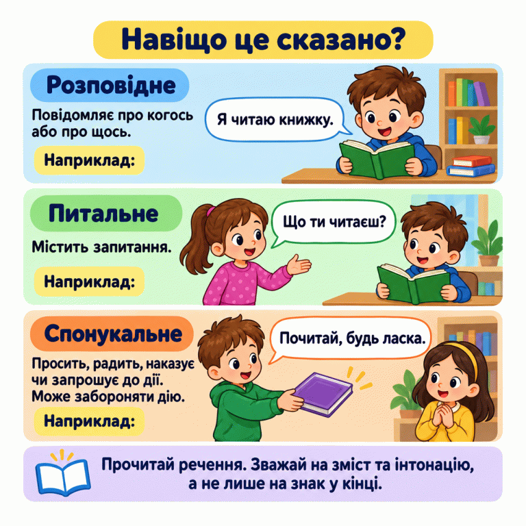 Три види речень із навчальними прикладами про читання. Розповідне повідомляє про когось або про щось: «Я читаю книжку.» Питальне містить запитання: «Що ти читаєш?» Спонукальне просить, радить, наказує чи запрошує до дії, а також може забороняти дію: «Почитай, будь ласка.» Це прохання є спонукальним навіть із крапкою. Прочитай речення. Зважай на зміст та інтонацію, а не лише на знак у кінці. Навіщо це сказано? Розповідне: Повідомляє про когось або про щось. Питальне: Містить запитання. Спонукальне: Просить, радить, наказує чи запрошує до дії. Може забороняти дію. Прочитай речення. Зважай на зміст та інтонацію, а не лише на знак у кінці. Наприклад: Я читаю книжку. Що ти читаєш? Почитай, будь ласка.