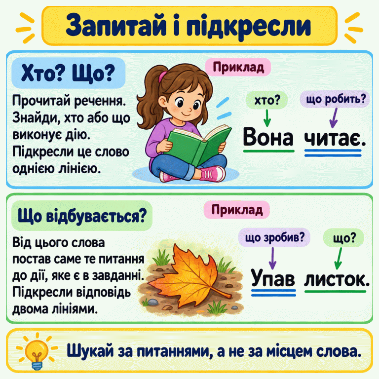 Картка пояснює, як знайти головні слова за питаннями. У прикладі «Вона читає.» слово «Вона» відповідає на «хто?» й підкреслене однією лінією; «читає» відповідає на «що робить?» і підкреслене двома. У прикладі «Упав листок.» слово «листок» відповідає на «що?» й має одну лінію; «Упав» відповідає на «що зробив?» і має дві. Питання до дії беруть із завдання, а слова шукають за змістом, не за місцем. Запитай і підкресли Хто? Що?: Прочитай речення. Знайди, хто або що виконує дію. Підкресли це слово однією лінією. Що відбувається?: Від цього слова постав саме те питання до дії, яке є в завданні. Підкресли відповідь двома лініями. Шукай за питаннями, а не за місцем слова. Приклад Вона читає. Упав листок. хто? що робить? що? що зробив?