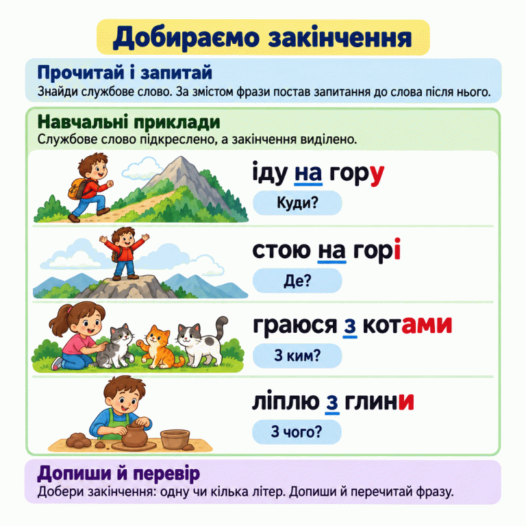 Картка пояснює, як добирати закінчення: прочитати фразу, знайти службове слово, поставити запитання за змістом, дописати закінчення й перечитати. Навчальні приклади: «іду на гору» — «Куди?», закінчення «у»; «стою на горі» — «Де?», закінчення «і»; «граюся з котами» — «З ким?», закінчення «ами»; «ліплю з глини» — «З чого?», закінчення «и». Службові слова підкреслено, закінчення виділено. Те саме службове слово може поєднуватися з різними закінченнями. Добираємо закінчення Прочитай і запитай: Знайди службове слово. За змістом фрази постав запитання до слова після нього. Навчальні приклади: Службове слово підкреслено, а закінчення виділено. Допиши й перевір: Добери закінчення: одну чи кілька літер. Допиши й перечитай фразу. іду на гору Куди? стою на горі Де? граюся з котами З ким? ліплю з глини З чого?
