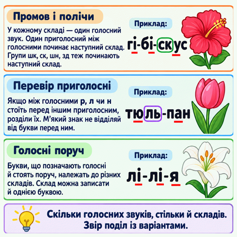Три навчальні приклади: гі-бі-скус, тюль-пан, лі-лі-я. У кожному складі підкреслено букву, що позначає голосний. Ск разом починає останній склад першого слова. У другому слові л і ь залишаються разом перед межею складів. У третьому сусідні і та я належать до різних складів, а останній склад записаний лише буквою я. Поради пояснюють, як перевіряти приголосні, сусідні голосні та м’який знак. Перевіряй і кількість, і межі складів. Промов і полічи: У кожному складі — один голосний звук. Один приголосний між голосними починає наступний склад. Групи шк, ск, шн, зд теж починають наступний склад. Перевір приголосні: Якщо між голосними р, л чи н стоїть перед іншим приголосним, розділи їх. М’який знак не відділяй від букви перед ним. Голосні поруч: Букви, що позначають голосні й стоять поруч, належать до різних складів. Склад можна записати й однією буквою. Скільки голосних звуків, стільки й складів. Звір поділ із варіантами. Приклад: гі-бі-скус тюль-пан лі-лі-я