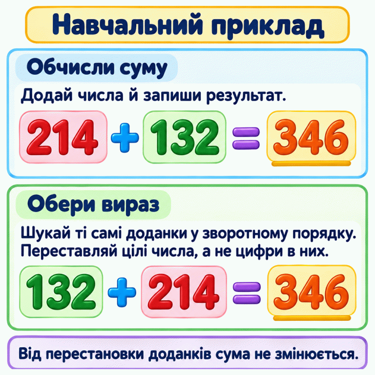 Два рядки навчального прикладу: 214 + 132 = 346 і 132 + 214 = 346. Доданки помінялися місцями, але цифри в кожному числі й сума не змінилися. Навчальний приклад Обчисли суму: Додай числа й запиши результат. Обери вираз: Шукай ті самі доданки у зворотному порядку. Переставляй цілі числа, а не цифри в них. Від перестановки доданків сума не змінюється. 214 132 346 + =