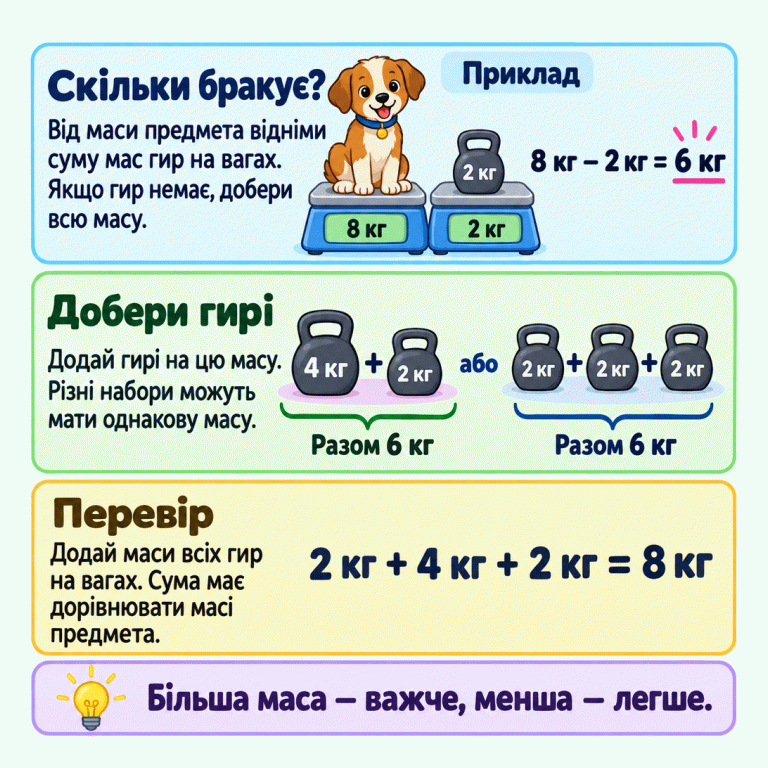 Навчальний приклад зрівнювання маси. На одних вагах песик масою 8 кг, на інших — гиря 2 кг. Бракує 6 кг: 8 кг − 2 кг = 6 кг. Можна додати гирі 4 кг і 2 кг або три гирі по 2 кг. Перевірка першого набору разом із початковою гирею: 2 кг + 4 кг + 2 кг = 8 кг. Якщо гир немає, треба дібрати всю масу предмета. Більша маса — важче, менша — легше. Скільки бракує?: Від маси предмета відніми суму мас гир на вагах. Якщо гир немає, добери всю масу. Добери гирі: Додай гирі на цю масу. Різні набори можуть мати однакову масу. Перевір: Додай маси всіх гир на вагах. Сума має дорівнювати масі предмета. Більша маса — важче, менша — легше. Приклад 8 кг 2 кг 4 кг 8 кг − 2 кг = 6 кг + Разом 6 кг або 2 кг + 4 кг + 2 кг = 8 кг