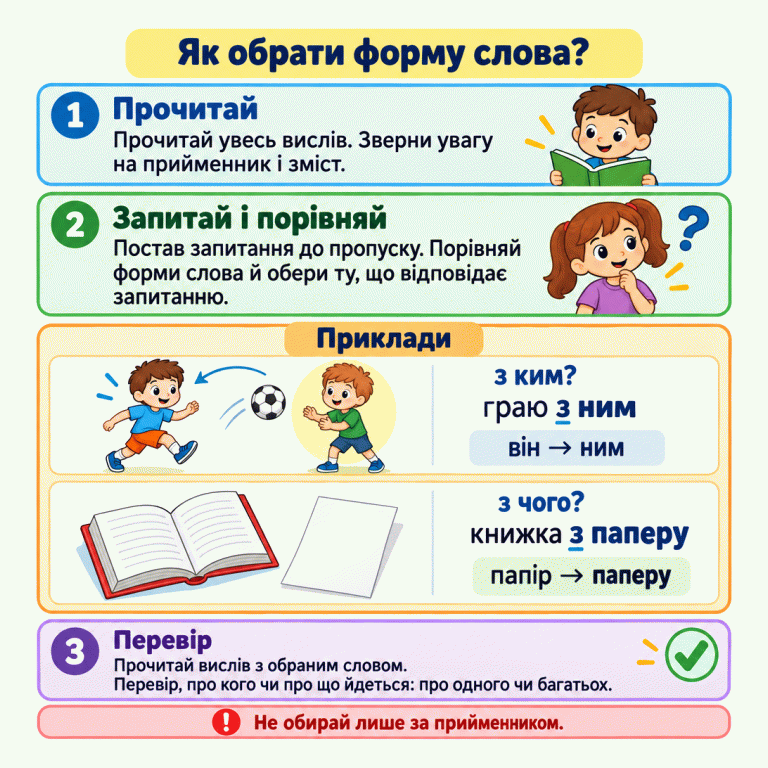 Картка пояснює, як обрати форму слова: прочитати весь вислів, поставити запитання, порівняти форми й перевірити зміст. У навчальних прикладах діти грають м’ячем: «з ким?» — «граю з ним», «він → ним». Поряд паперова книжка: «з чого?» — «книжка з паперу», «папір → паперу». Однаковий прийменник «з» не означає однакової форми слова. Як обрати форму слова? Прочитай: Прочитай увесь вислів. Зверни увагу на прийменник і зміст. Запитай і порівняй: Постав запитання до пропуску. Порівняй форми слова й обери ту, що відповідає запитанню. Перевір: Прочитай вислів з обраним словом. Перевір, про кого чи про що йдеться: про одного чи багатьох. Не обирай лише за прийменником. Приклади з ким? граю з ним він → ним з чого? книжка з паперу папір → паперу 1 2 ? 3 ✓ !