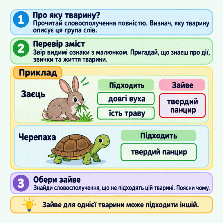 Картка пояснює, як перевіряти словосполучення для кожної тварини окремо: прочитати всю фразу, звірити видимі ознаки з малюнком і пригадати відомі факти. У навчальному прикладі зайцеві підходять «довгі вуха» та «їсть траву», а «твердий панцир» — зайве. Для черепахи «твердий панцир» підходить. Слова, зайві для однієї тварини, можуть підходити іншій. Про яку тварину?: Прочитай словосполучення повністю. Визнач, яку тварину описує ця група слів. Перевір зміст: Звір видимі ознаки з малюнком. Пригадай, що знаєш про дії, звички та життя тварини. Обери зайве: Знайди словосполучення, що не підходять цій тварині. Поясни чому. Зайве для однієї тварини може підходити іншій. Приклад Заєць Черепаха Підходить Зайве довгі вуха їсть траву твердий панцир 1 2 3