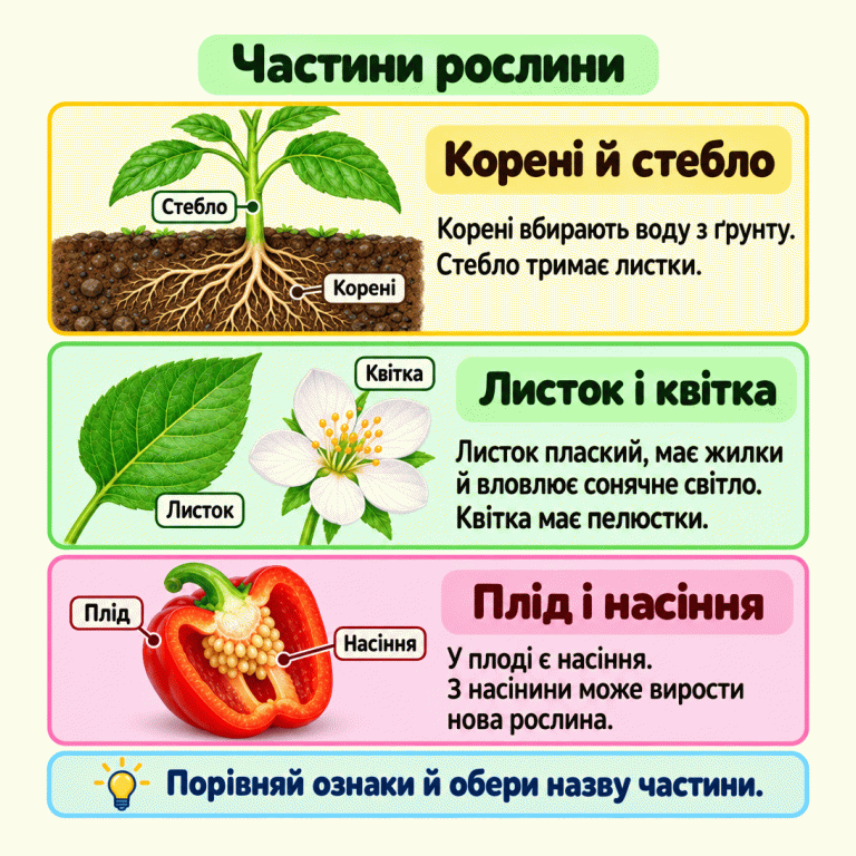 Три малюнки частин рослини з підписами. Корені розгалужуються в ґрунті, а стебло тримає листки. Плаский листок має жилки; квітка — пелюстки та серединку. Усередині розрізаного плоду видно насіння. Корені вбирають воду, листки вловлюють сонячне світло, а з насінини може вирости нова рослина. Частини рослини Корені й стебло: Корені вбирають воду з ґрунту. Стебло тримає листки. Листок і квітка: Листок плаский, має жилки й вловлює сонячне світло. Квітка має пелюстки. Плід і насіння: У плоді є насіння. З насінини може вирости нова рослина. Порівняй ознаки й обери назву частини. Корені Стебло Листок Квітка Плід Насіння