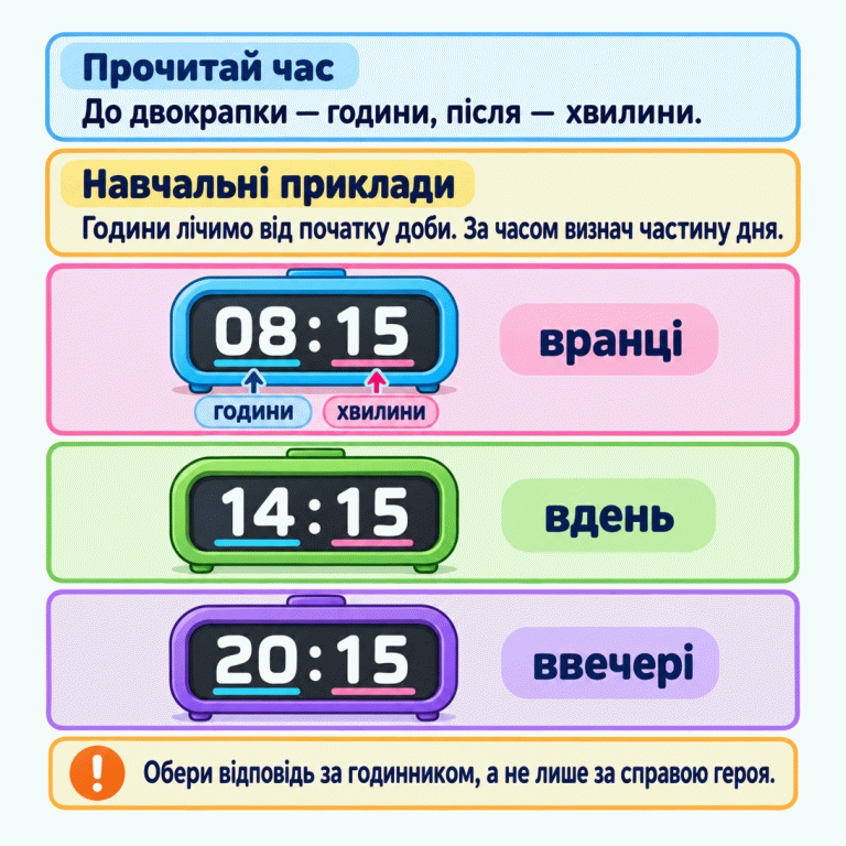 До двокрапки на цифровому табло записані години, після — хвилини. Години відлічують від початку доби. Навчальні приклади: 08:15 — вранці, 14:15 — вдень, 20:15 — ввечері. Відповідь обираємо за годинником, а не лише за справою героя. Прочитай час: До двокрапки — години, після — хвилини. Навчальні приклади: Години лічимо від початку доби. За часом визнач частину дня. Обери відповідь за годинником, а не лише за справою героя. 08:15 14:15 20:15 години хвилини вранці вдень ввечері !
