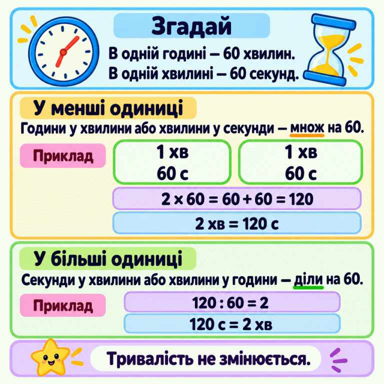 Пам’ятка про переведення одиниць часу. В одній годині 60 хвилин, в одній хвилині 60 секунд. Години у хвилини та хвилини у секунди переводимо множенням на 60; у зворотному напрямку ділимо на 60. Навчальний приклад показує дві хвилини як дві групи по 60 секунд: 2 × 60 = 60 + 60 = 120, отже 2 хв = 120 с. Навпаки: 120 : 60 = 2, отже 120 с = 2 хв. Тривалість не змінюється. Згадай: В одній годині — 60 хвилин. В одній хвилині — 60 секунд. У менші одиниці: Години у хвилини або хвилини у секунди — множ на 60. У більші одиниці: Секунди у хвилини або хвилини у години — діли на 60. Тривалість не змінюється. Приклад 1 хв 60 с 2 × 60 = 60 + 60 = 120 2 хв = 120 с 120 : 60 = 2 120 с = 2 хв