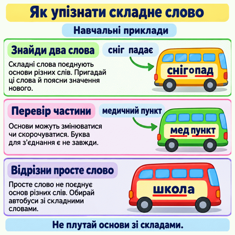 Навчальні приклади складних і простих слів. Фраза «сніг падає» пояснює «снігопад»: частини «сніг» і «пад» з’єднані буквою «о». «Медичний пункт» допомагає зрозуміти «медпункт»: перша частина скорочена, а окремої сполучної букви немає. «Школа» — просте слово, без поєднання основ двох різних слів. Щоб обрати автобуси, відновлюй слова-джерела й не плутай основи зі складами. Як упізнати складне слово Знайди два слова: Складні слова поєднують основи різних слів. Пригадай ці слова й поясни значення нового. Перевір частини: Основи можуть змінюватися чи скорочуватися. Буква для з’єднання є не завжди. Відрізни просте слово: Просте слово не поєднує основ різних слів. Обирай автобуси зі складними словами. Не плутай основи зі складами. Навчальні приклади сніг падає снігопад медичний пункт медпункт школа