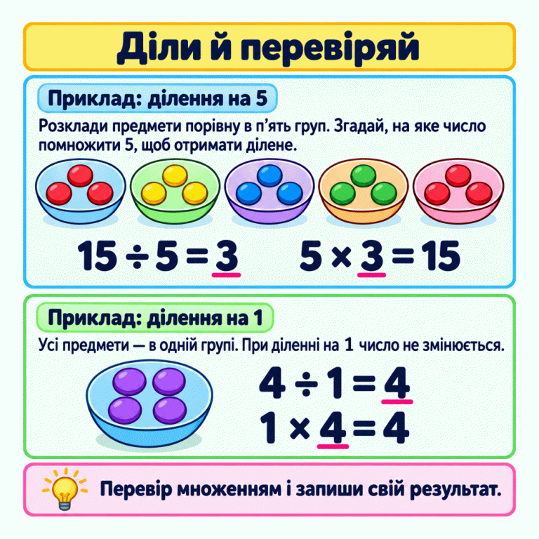 Два навчальні приклади. П’ять груп по три фішки: 15 ÷ 5 = 3; перевірка — 5 × 3 = 15. Одна група з чотирма фішками: 4 ÷ 1 = 4; перевірка — 1 × 4 = 4. При діленні на 1 число не змінюється. Результат ділення перевіряємо множенням. Діли й перевіряй Приклад: ділення на 5: Розклади предмети порівну в п’ять груп. Згадай, на яке число помножити 5, щоб отримати ділене. Приклад: ділення на 1: Усі предмети — в одній групі. При діленні на 1 число не змінюється. Перевір множенням і запиши свій результат. 15 ÷ 5 = 3 5 × 3 = 15 4 ÷ 1 = 4 1 × 4 = 4