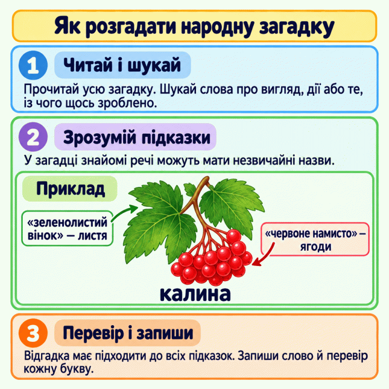 Картка пояснює, як розгадувати народні загадки: прочитати весь текст, знайти підказки, зрозуміти образні слова та перевірити відгадку. У позначеному прикладі зеленолистий вінок означає листя калини, а червоне намисто — її ягоди. Під гілочкою написано «калина». Наприкінці запропоновано записати відгадку й перевірити кожну букву. Як розгадати народну загадку Читай і шукай: Прочитай усю загадку. Шукай слова про вигляд, дії або те, із чого щось зроблено. Зрозумій підказки: У загадці знайомі речі можуть мати незвичайні назви. Перевір і запиши: Відгадка має підходити до всіх підказок. Запиши слово й перевір кожну букву. Приклад «зеленолистий вінок» — листя «червоне намисто» — ягоди калина 1 2 3