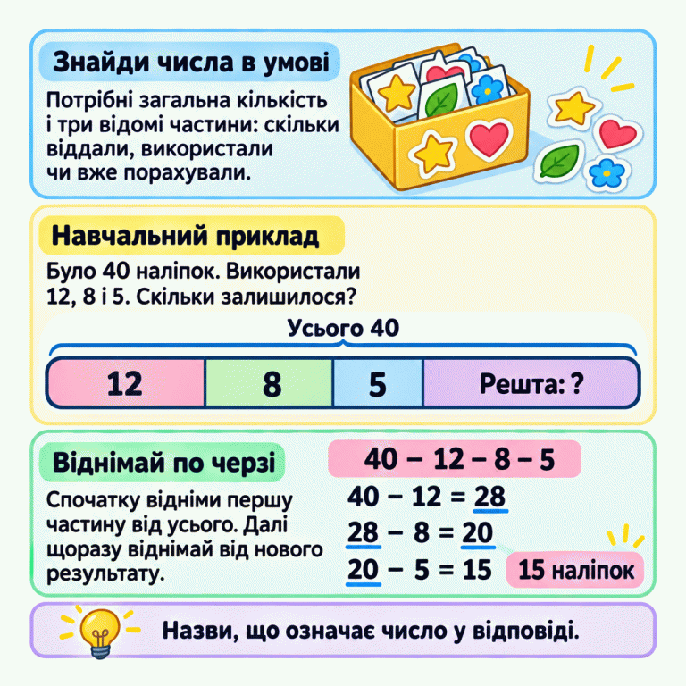 Щоб знайти решту, від загальної кількості віднімаємо три відомі частини. У навчальному прикладі було 40 наліпок, використали 12, 8 і 5. Схема об’єднує ці три частини та невідому решту в одне ціле. Обчислюємо по черзі: 40 мінус 12 дорівнює 28; 28 мінус 8 дорівнює 20; 20 мінус 5 дорівнює 15. Залишилося 15 наліпок. Щоразу наступну частину віднімаємо від нового результату. Знайди числа в умові: Потрібні загальна кількість і три відомі частини: скільки віддали, використали чи вже порахували. Навчальний приклад: Було 40 наліпок. Використали 12, 8 і 5. Скільки залишилося? Віднімай по черзі: Спочатку відніми першу частину від усього. Далі щоразу віднімай від нового результату. Назви, що означає число у відповіді. Усього 40 12 8 5 Решта: ? 40 − 12 − 8 − 5 40 − 12 = 28 28 − 8 = 20 20 − 5 = 15 15 наліпок