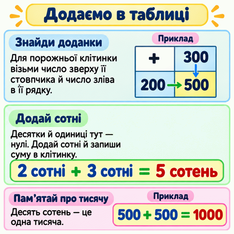 Картка пояснює додавання круглих сотень у таблиці. У навчальному прикладі зверху стовпчика стоїть 300, зліва в рядку — 200, а на їхньому перетині — сума 500. Дві сотні плюс три сотні дорівнюють п’яти сотням. Окремий приклад: 500 плюс 500 дорівнює 1000, бо десять сотень — це одна тисяча. Додаємо в таблиці Знайди доданки: Для порожньої клітинки візьми число зверху її стовпчика й число зліва в її рядку. Додай сотні: Десятки й одиниці тут — нулі. Додай сотні й запиши суму в клітинку. Пам’ятай про тисячу: Десять сотень — це одна тисяча. Приклад + 300 200 500 2 сотні 3 сотні 5 сотень = 1000