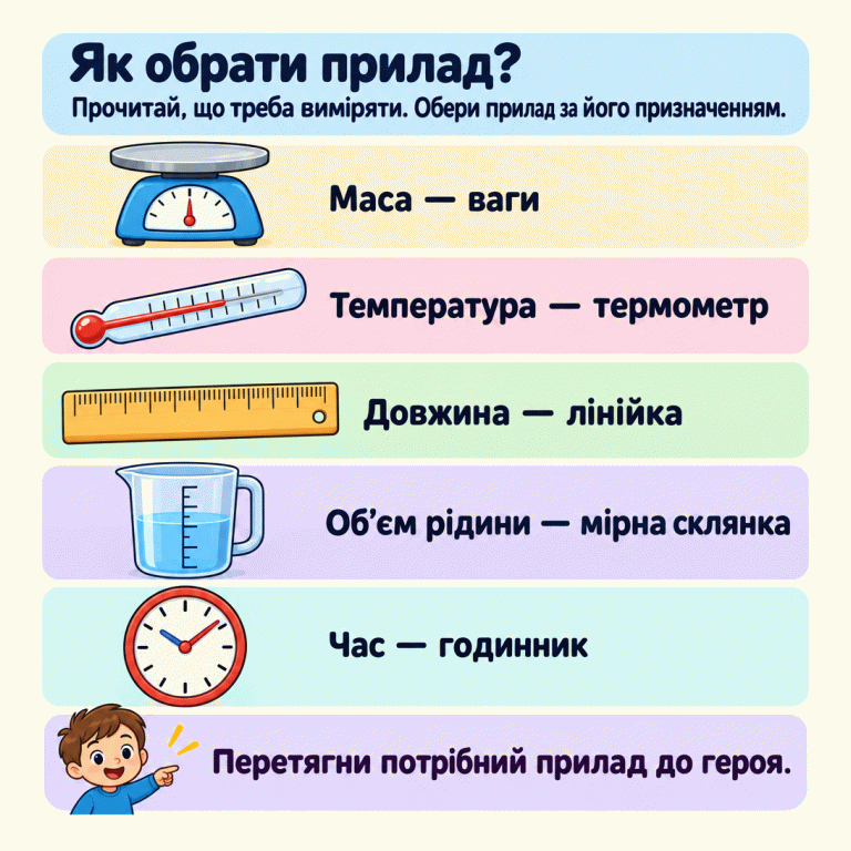 Картка пояснює: спочатку прочитай, що треба виміряти, а потім обери прилад за призначенням. Показано п’ять відповідностей: маса — ваги, температура — термометр, довжина — лінійка, об’єм рідини — мірна склянка, час — годинник. Потрібний прилад слід перетягнути до героя. Як обрати прилад?: Прочитай, що треба виміряти. Обери прилад за його призначенням. Перетягни потрібний прилад до героя. Маса — ваги Температура — термометр Довжина — лінійка Об’єм рідини — мірна склянка Час — годинник