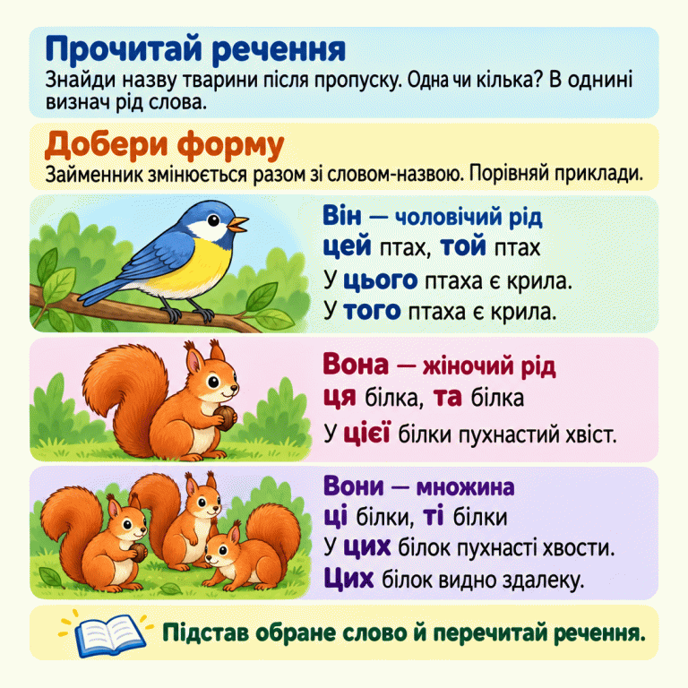 Картка пропонує прочитати речення, знайти назву тварини після пропуску та визначити число, а в однині — рід слова. Один птах: він, чоловічий рід; цей птах, той птах. Приклади: «У цього птаха є крила.» і «У того птаха є крила.» Одна білка: вона, жіночий рід; ця білка, та білка; «У цієї білки пухнастий хвіст.» Кілька білок: вони, множина; ці білки, ті білки; «У цих білок пухнасті хвости.» і «Цих білок видно здалеку.» Займенник змінюється разом зі словом-назвою. Підстав обране слово й перечитай речення. Прочитай речення: Знайди назву тварини після пропуску. Одна чи кілька? В однині визнач рід слова. Добери форму: Займенник змінюється разом зі словом-назвою. Порівняй приклади. Підстав обране слово й перечитай речення. Він — чоловічий рід цей птах, той птах У цього птаха є крила. У того птаха є крила. Вона — жіночий рід ця білка, та білка У цієї білки пухнастий хвіст. Вони — множина ці білки, ті білки У цих білок пухнасті хвости. Цих білок видно здалеку.