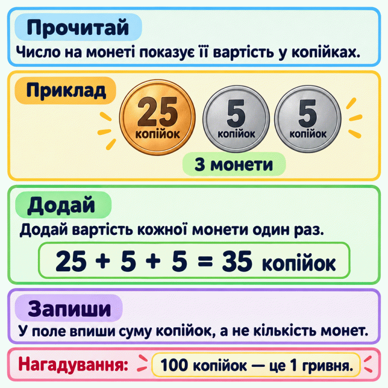 Пояснення вчить прочитати вартість кожної монети, додати її один раз і вписати суму копійок, а не кількість монет. У навчальному прикладі одна монета 25 копійок і дві по 5 копійок: це 3 монети загальною вартістю 35 копійок. Нагадування: 100 копійок — це 1 гривня. Прочитай: Число на монеті показує її вартість у копійках. Додай: Додай вартість кожної монети один раз. Запиши: У поле впиши суму копійок, а не кількість монет. 100 копійок — це 1 гривня. Приклад 25 копійок 5 копійок 3 монети 25 + 5 + 5 = 35 копійок Нагадування: