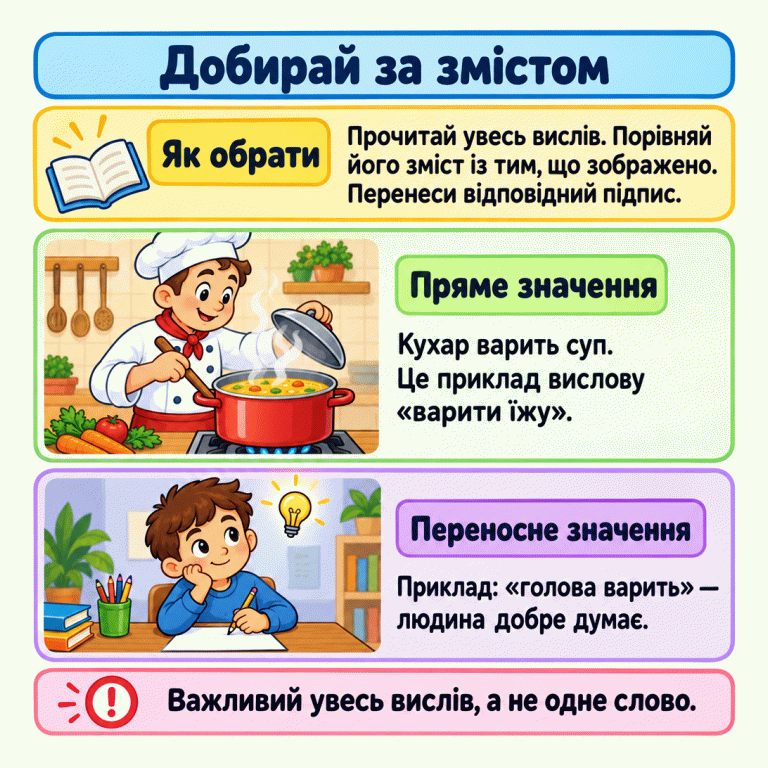 Картка вчить добирати підписи за змістом усього вислову. Кухар варить суп — це приклад прямого значення «варити їжу». Дитина міркує над завданням — приклад переносного значення «голова варить», тобто добре думає. Прочитай вислів, порівняй його зміст із малюнком і перенеси відповідний підпис. Добирай за змістом Як обрати: Прочитай увесь вислів. Порівняй його зміст із тим, що зображено. Перенеси відповідний підпис. Пряме значення: Кухар варить суп. Це приклад вислову «варити їжу». Переносне значення: Приклад: «голова варить» — людина добре думає. Важливий увесь вислів, а не одне слово. !