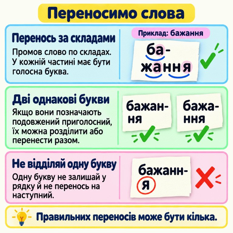 Пам’ятка про перенесення слів із подовженими приголосними. На прикладі слова «бажання» показано склади ба, жа, ння та правильні переноси ба-жання, бажан-ня і бажа-ння. Перенос бажанн-я позначено як неправильний, бо на новий рядок переноситься лише одна буква. У кожній частині має бути голосна. Одну букву не можна залишати в рядку або переносити на наступний. Правильних переносів може бути кілька. Переносимо слова Перенось за складами: Промов слово по складах. У кожній частині має бути голосна буква. Дві однакові букви: Якщо вони позначають подовжений приголосний, їх можна розділити або перенести разом. Не відділяй одну букву: Одну букву не залишай у рядку й не перенось на наступний. Правильних переносів може бути кілька. Приклад: бажання ба-
жання бажан-
ня бажа-
ння бажанн-
я ✓ ✗