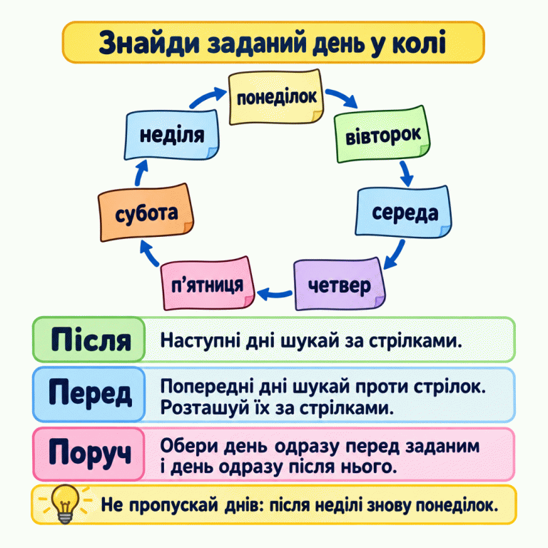 Коло днів тижня: понеділок, вівторок, середа, четвер, п’ятниця, субота, неділя. Стрілки ведуть від кожного дня до наступного, а від неділі — до понеділка. Дні після заданого шукають за стрілками. Дні перед ним шукають проти стрілок, але розташовують за стрілками. Поруч — один день одразу перед заданим і один одразу після нього. Днів не пропускають. Знайди заданий день у колі Після: Наступні дні шукай за стрілками. Перед: Попередні дні шукай проти стрілок. Розташуй їх за стрілками. Поруч: Обери день одразу перед заданим і день одразу після нього. Не пропускай днів: після неділі знову понеділок. понеділок вівторок середа четвер п’ятниця субота неділя