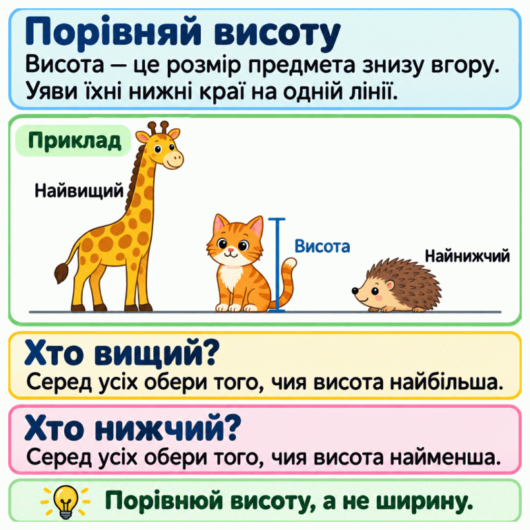 Навчальний приклад: жираф найвищий, їжак найнижчий, а кіт вищий за їжака й нижчий за жирафа. Біля кота позначена повна висота знизу вгору. Текст пропонує уявити нижні краї предметів на одній лінії та за запитанням обрати найбільшу або найменшу висоту. Ширина не визначає висоту. Порівняй висоту: Висота — це розмір предмета знизу вгору. Уяви їхні нижні краї на одній лінії. Хто вищий?: Серед усіх обери того, чия висота найбільша. Хто нижчий?: Серед усіх обери того, чия висота найменша. Порівнюй висоту, а не ширину. Приклад Висота Найвищий Найнижчий