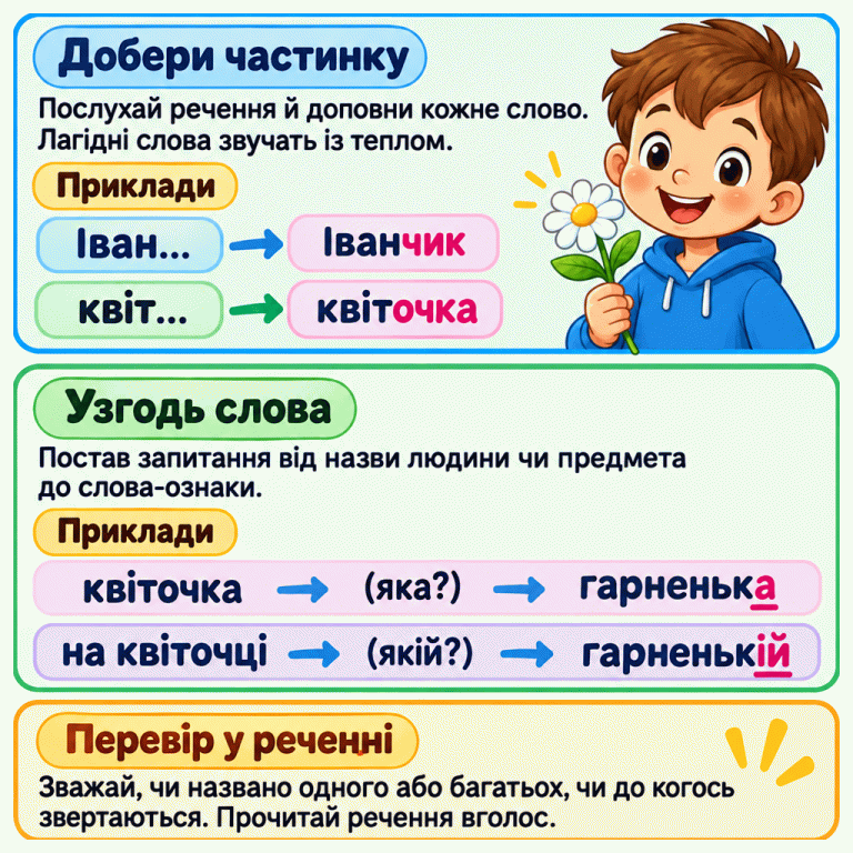 Три підказки для добору лагідних частинок. Хлопчик тримає квітку. У навчальних прикладах Іван… доповнюється до Іванчик, а квіт… — до квіточка. Далі показано: квіточка — яка? — гарненька; на квіточці — якій? — гарненькій. Підказки радять слухати речення, перевіряти кожне слово, зважати на одного чи багатьох і на звертання, а потім читати речення вголос. Добери частинку: Послухай речення й доповни кожне слово. Лагідні слова звучать із теплом. Узгодь слова: Постав запитання від назви людини чи предмета до слова-ознаки. Перевір у реченні: Зважай, чи названо одного або багатьох, чи до когось звертаються. Прочитай речення вголос. Приклади Іван… Іванчик квіт… квіточка (яка?) гарненька на квіточці (якій?) гарненькій