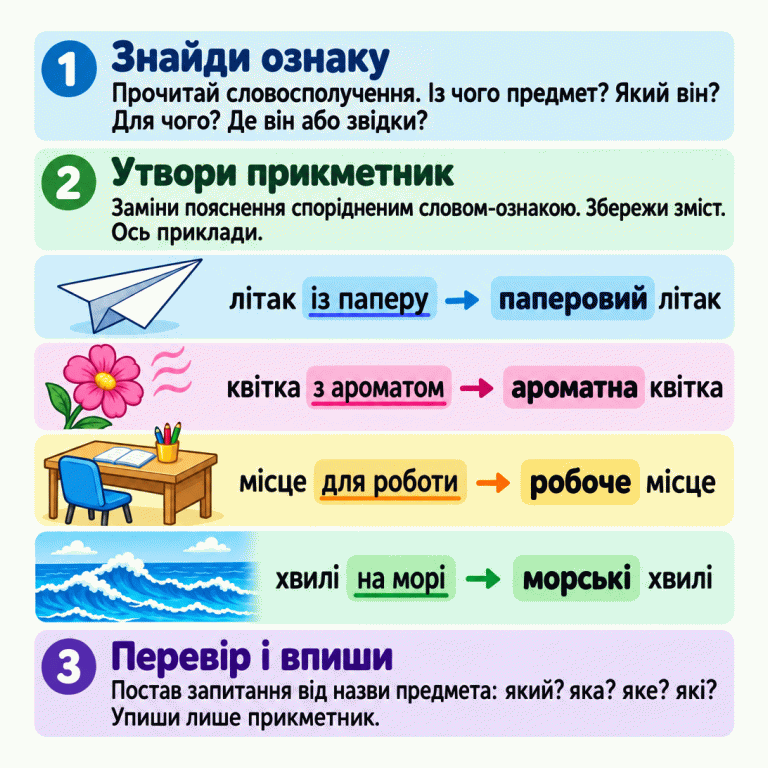 Картка навчає замінювати пояснення предмета прикметником без зміни змісту. Чотири навчальні пари: літак із паперу — паперовий літак; квітка з ароматом — ароматна квітка; місце для роботи — робоче місце; хвилі на морі — морські хвилі. Поруч зображено відповідні предмети. Наприкінці запропоновано перевірити форму запитаннями «який? яка? яке? які?» та вписати лише прикметник. Знайди ознаку: Прочитай словосполучення. Із чого предмет? Який він? Для чого? Де він або звідки? Утвори прикметник: Заміни пояснення спорідненим словом-ознакою. Збережи зміст. Ось приклади. Перевір і впиши: Постав запитання від назви предмета: який? яка? яке? які? Упиши лише прикметник. літак із паперу паперовий літак квітка з ароматом ароматна квітка місце для роботи робоче місце хвилі на морі морські хвилі 1 2 3
