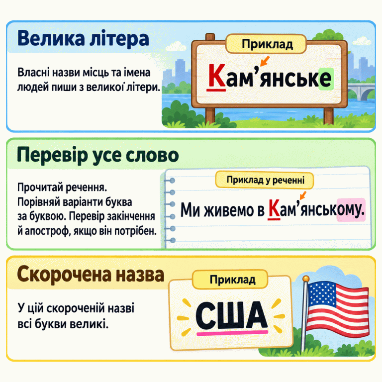 Власні назви місць та імена людей пишемо з великої літери, але перевіряємо все слово. Навчальний приклад: Кам’янське. У реченні «Ми живемо в Кам’янському.» назва зберігає велику букву й апостроф, а закінчення змінюється. Треба порівнювати варіанти буква за буквою. У скороченій назві США всі букви великі. Велика літера: Власні назви місць та імена людей пиши з великої літери. Перевір усе слово: Прочитай речення. Порівняй варіанти буква за буквою. Перевір закінчення й апостроф, якщо він потрібен. Скорочена назва: У цій скороченій назві всі букви великі. Приклад Кам’янське Приклад у реченні Ми живемо в Кам’янському. США