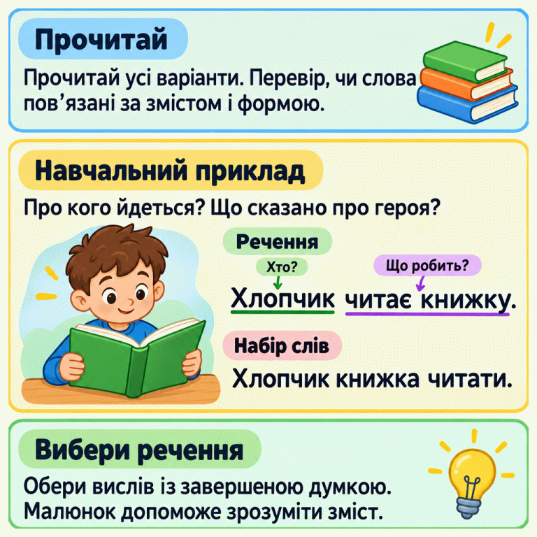 Картка радить прочитати всі варіанти, перевірити зв’язок слів і вибрати вислів із завершеною думкою. У навчальному прикладі хлопчик читає книжку. «Хлопчик читає книжку.» позначено як речення. Питання «Хто?» стосується хлопчика, а «Що робить?» — читання книжки. «Хлопчик книжка читати.» позначено як набір слів. Малюнок допомагає зрозуміти зміст. Прочитай: Прочитай усі варіанти. Перевір, чи слова пов’язані за змістом і формою. Навчальний приклад: Про кого йдеться? Що сказано про героя? Вибери речення: Обери вислів із завершеною думкою. Малюнок допоможе зрозуміти зміст. Речення Хлопчик читає книжку. Хто? Що робить? Набір слів Хлопчик книжка читати.