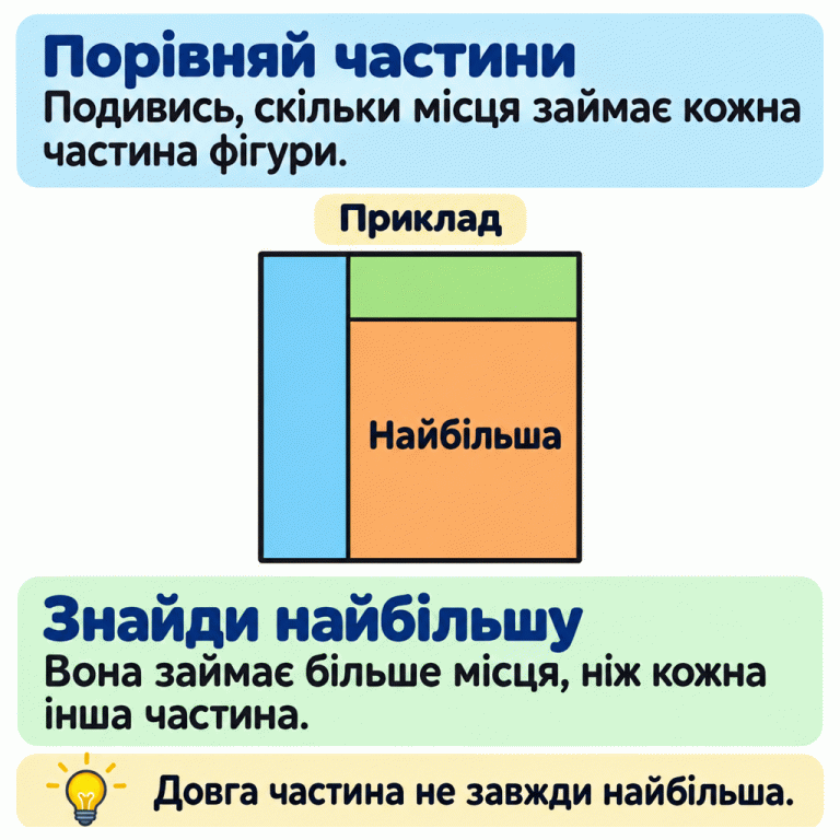 Навчальний приклад: квадратну фігуру поділено на три нерівні частини. Довга вузька смужка та невелика поперечна смужка займають менше місця, ніж широка ділянка з написом «Найбільша». Пояснення пропонує порівнювати всю поверхню кожної частини й нагадує, що довга частина не завжди найбільша. Порівняй частини: Подивись, скільки місця займає кожна частина фігури. Знайди найбільшу: Вона займає більше місця, ніж кожна інша частина. Довга частина не завжди найбільша. Приклад Найбільша