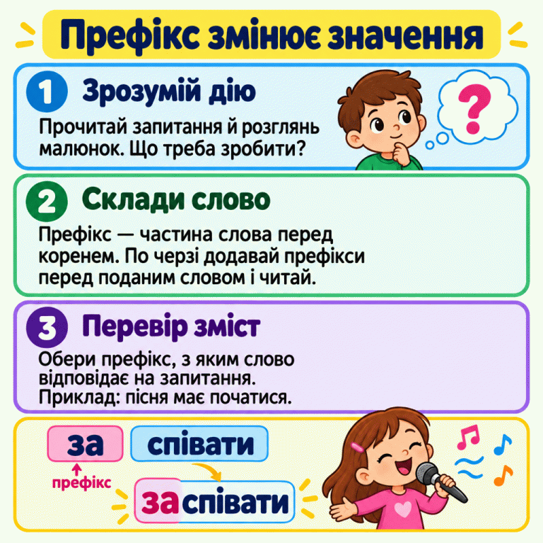 Префікс — частина слова перед коренем. Прочитай запитання, визнач потрібну дію, спробуй префікси й перевір зміст слова. Навчальний приклад: «за» та «співати» утворюють «заспівати» — почати співати, щоб почалася пісня. Поруч співає дитина. Префікс змінює значення Зрозумій дію: Прочитай запитання й розглянь малюнок. Що треба зробити? Склади слово: Префікс — частина слова перед коренем. По черзі додавай префікси перед поданим словом і читай. Перевір зміст: Обери префікс, з яким слово відповідає на запитання. Приклад: пісня має початися. за співати заспівати префікс 1 ? 2 3 ♫ ♪ ♪
