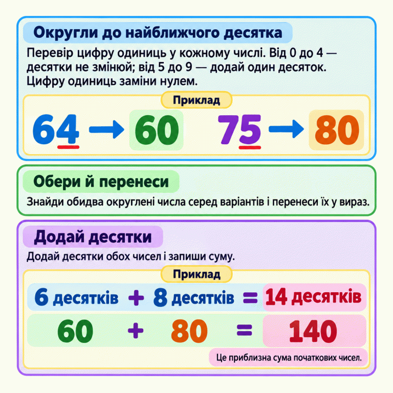 Пояснення округлення до десятків і додавання. Якщо цифра одиниць від 0 до 4, десятки не змінюємо; від 5 до 9 — додаємо один десяток. Одиниці замінюємо нулем. Обираємо обидва округлені числа та переносимо у вираз. Навчальний приклад: 64 округлюємо до 60, а 75 — до 80. Шість десятків і вісім десятків разом дають чотирнадцять десятків: 60 + 80 = 140. Це приблизна сума початкових чисел. Округли до найближчого десятка: Перевір цифру одиниць у кожному числі. Від 0 до 4 — десятки не змінюй; від 5 до 9 — додай один десяток. Цифру одиниць заміни нулем. Обери й перенеси: Знайди обидва округлені числа серед варіантів і перенеси їх у вираз. Додай десятки: Додай десятки обох чисел і запиши суму. Це приблизна сума початкових чисел. Приклад 64 75 60 80 140 6 десятків 8 десятків 14 десятків + =