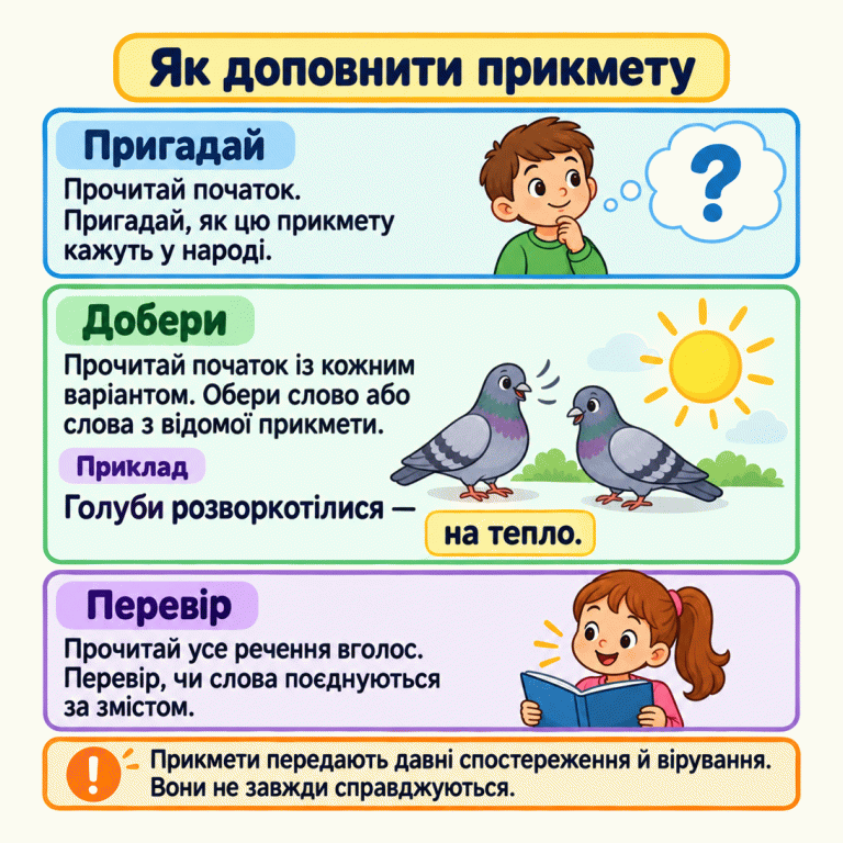 Картка пояснює три дії: пригадати народну прикмету, прочитати початок із кожним варіантом і перевірити ціле речення. Голуби та символ теплої погоди ілюструють позначений приклад «Голуби розворкотілися — на тепло.». Завершення виділене. Нагадування пояснює, що прикмети передають давні спостереження й вірування та не завжди справджуються. Як доповнити прикмету Пригадай: Прочитай початок. Пригадай, як цю прикмету кажуть у народі. Добери: Прочитай початок із кожним варіантом. Обери слово або слова з відомої прикмети. Перевір: Прочитай усе речення вголос. Перевір, чи слова поєднуються за змістом. Прикмети передають давні спостереження й вірування. Вони не завжди справджуються. Приклад Голуби розворкотілися — на тепло. ? !